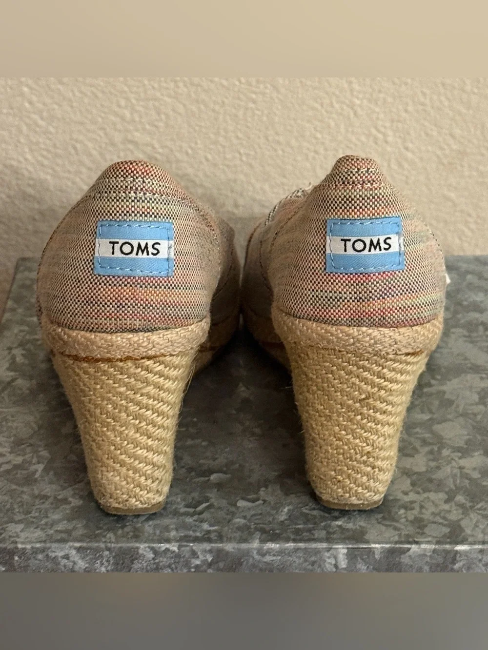 Toms Rainbow Stripe Canvas Wedge Espadrille Peep Toe, Size 9.5